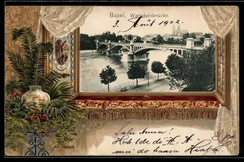 Lithographie Basel, Wettsteinbrücke durchs Fenster, Passepartout