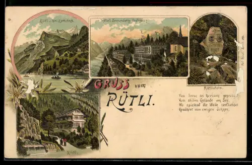 Lithographie Seelisberg, Hotel Sonnenberg, Rütli, Rütlistein