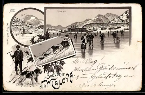 Lithographie Maloya, Chalet, Silser See, Kirche im Schnee