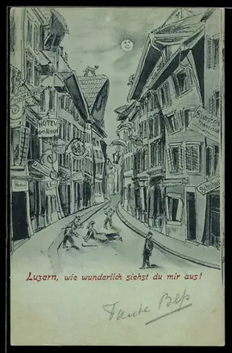 Mondschein-Lithographie Luzern, Strassenpartie mit Hotel drei Könige aus der Sicht eines Betrunkenen