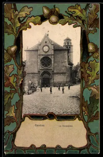 Lithographie Genève, La Madeleine, Eichenzweige mit Eicheln, Passepartout