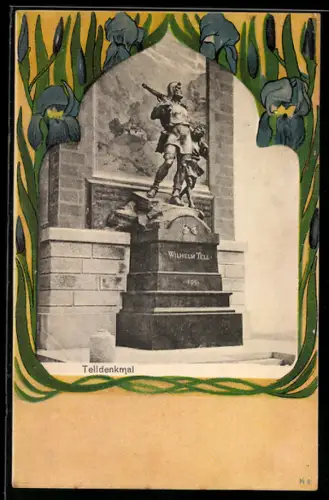Passepartout-Lithographie Altdorf, Blick auf das Telldenkmal, von Blumen gerahmt