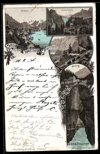 Lithographie Brienz /Berner Oberland, Giessbach, Aareschlucht, Brünig, Ortsansicht