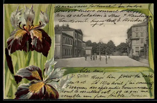 Passepartout-AK St. Gallen, Strassenpartie mit Gebäudeansicht und Blumen