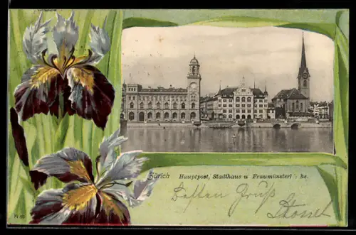 Lithographie Zürich, Hauptpost, Stadthaus u. Fraumünsterkirche, Lilien-Passepartout