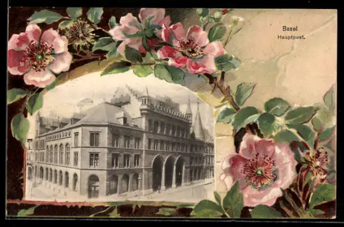 Lithographie Basel, Hauptpost, Heckenrosen, Fenster-Passepartout