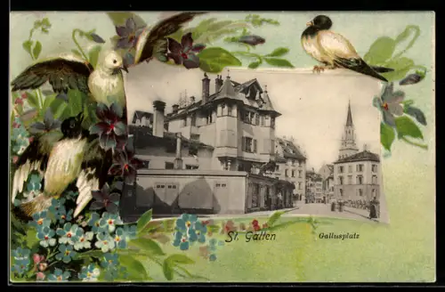 Passepartout-Lithographie St. Gallen, Gallusplatz mit Kirche, Vögel