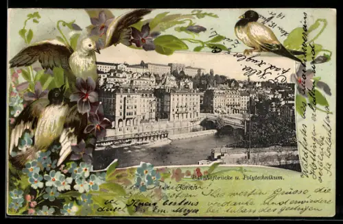 Passepartout-AK Zürich, Bahnhofbrücke und Polytechnikum, Schwalben
