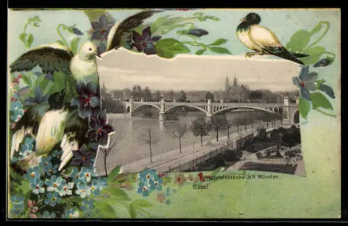 Lithographie Basel, Wettsteinbrücke mit Münster, Tauben u. Vergissmeinnicht, Passepartout