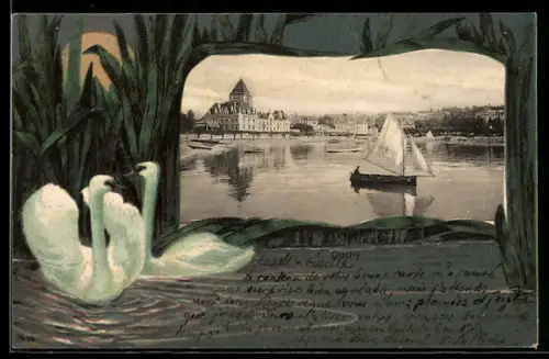 AK Ouchy, Blick über das Wasser zum Ort mit Segelboot und Schwänen