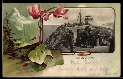 Passepartout-Lithographie Rigi-Kulm, Ausflügler auf der Höhe