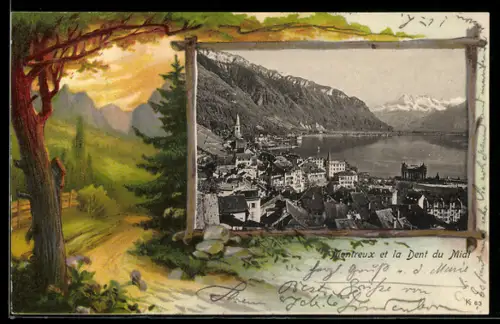 Lithographie Montreux, Ortsansicht mit Dent du Midi im Rahmen, Berglandschaft mit Flurkreuz