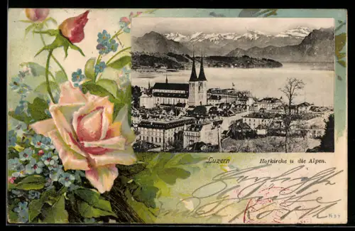 AK Luzern, Panorama mit Hofkirche und Alpen, Passepartout
