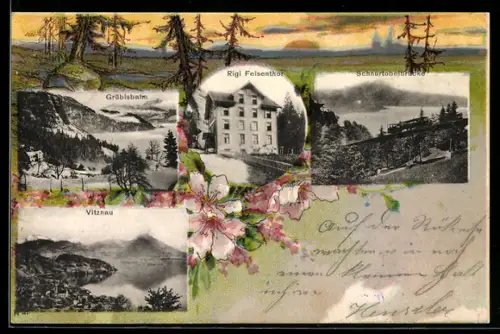 Passepartout-Lithographie Vitznau, Ortsansicht, Rigi Felsenthor, Grübisalm