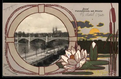 Passepartout-AK Basel, Wettsteinbrücke mit Münster