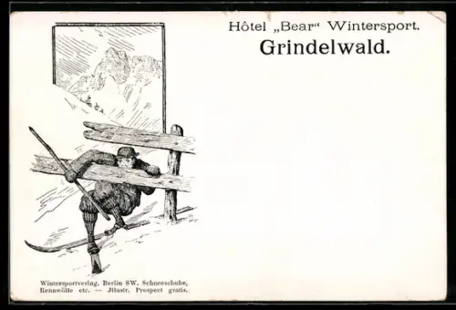 Lithographie Grindelwald, Hotel Bear Wintersport, Skiläufer nach Kollosion mit einem Zaun