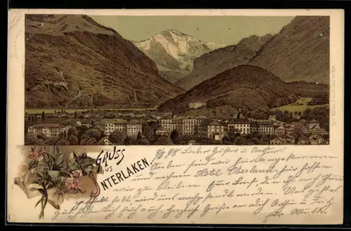 Lithographie Interlaken, Ortspanorama mit Bergblick, Bergblumen