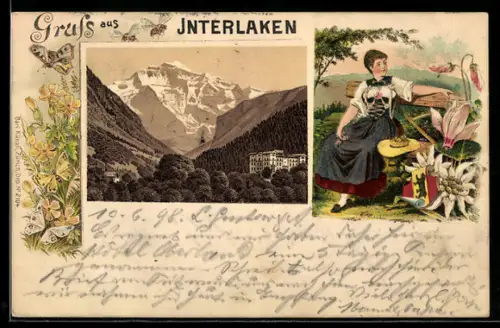 Lithographie Interlaken, Teilansicht, Bienen u. Schmetterlinge, Trachtenmädchen, Edelweiss