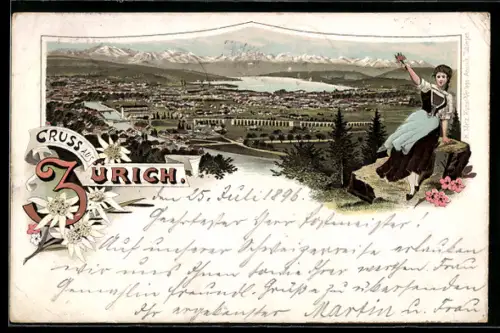 Lithographie Zürich, Panorama, junge Frau in Tracht