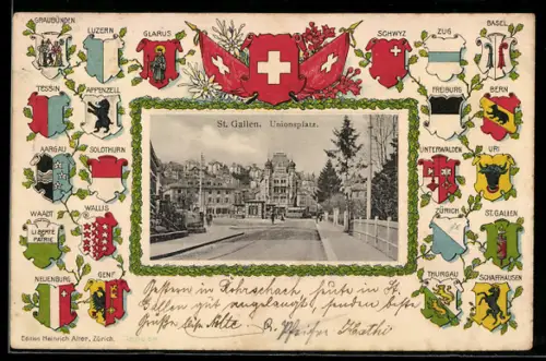 Präge-Lithographie St. Gallen, Unionsplatz, Schweizer Wappen, Eichenblatt-Rahmen