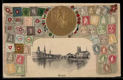 Passepartout-Lithographie Zürich, Ortsansicht, versch. Briefmarken mit Wappen, Medaille