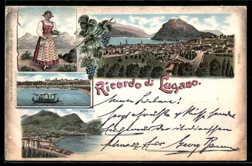 Lithographie Lugano, Monte Bré, Eingang Quai, Gesamtansicht, Trachtenmädchen