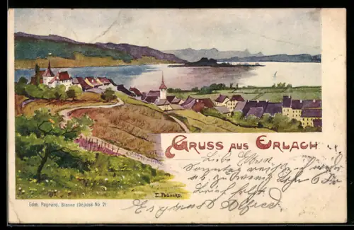 Künstler-AK Erlach, Gesamtansicht mit Wasserpanorama