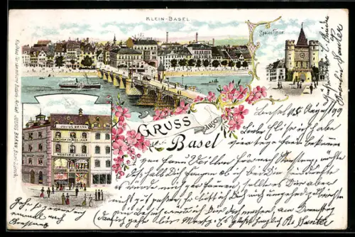 Lithographie Basel, Mercie-Modes von Julius Brann, Spalen-Thor & Klein-Basel, Dampfer