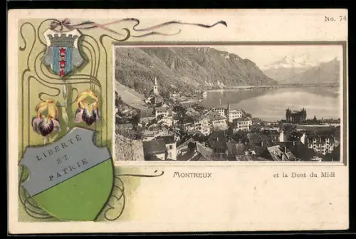 Präge-Lithographie Montreux, Ortsansicht mit Dent du Midi im Rahmen, Wappen, Lilien