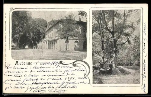 AK Aubonne, Villa mit Säulenvorbau, Gartenpartie mit Knaben an einem Brunnen