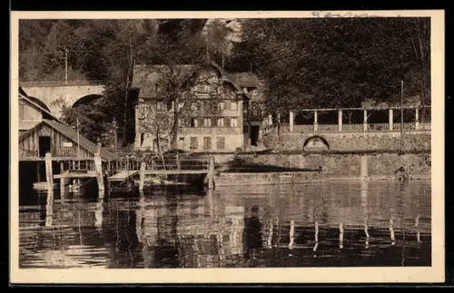 AK Walchwil am Zugersee, Gasthaus zum Löwen, Lothenbach, mit Bootssteg u. Säulengang