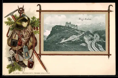 Präge-Lithographie Rigi-Kulm, Gesamtansicht im Eispickel-Rahmen, Bergsteiger-Gepäck