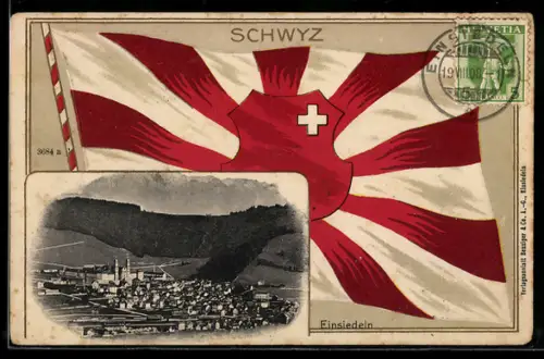 AK Einsiedeln, Gesamtansicht de Ortes mit Flagge im Hintergrund