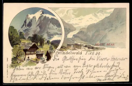 Lithographie Grindelwald, Hotel Bear mit Bergpanorama, Haus im Hochgebirge