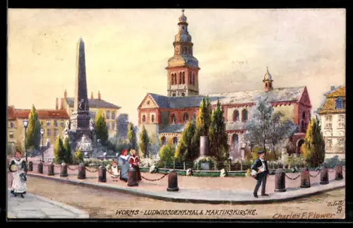 Künstler-AK Charles F.Flower: Worms, Ludwigsdenkmal und Martinskirche