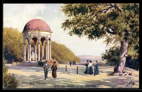 Künstler-AK Charles F.Flower: Spaziergänger am Wiesbaden-Tempel auf dem Neroberg