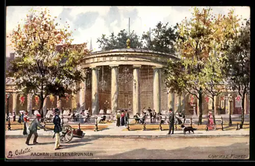 Künstler-AK Charles F. Flower: Aachen, Buntes Treiben am Elisenbrunnen