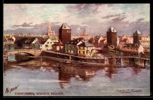 Künstler-AK Strassburg, Gedeckte Brücken mit Boot