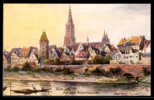 Künstler-AK Charles F.Flower: Ulm, Donaupartie an der Stadtmauer