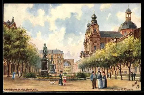 Künstler-AK Charles F.Flower: Mannheim, Schiller-Platz mit Denkmal