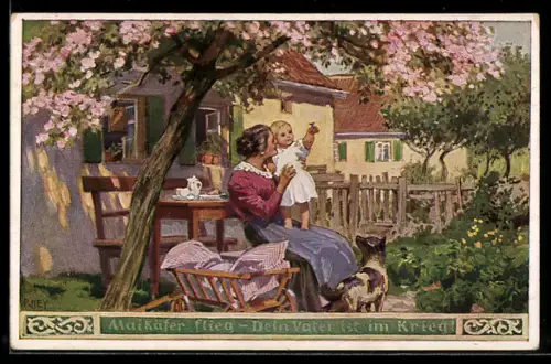 Künstler-AK Paul Hey: Mutter mit Kind und Hund im Garten, Verein für das Deutschtum im Ausland