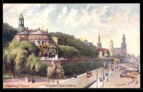 Künstler-AK Charles F. Flower: Dresden, Belvedere und Strassenbahn
