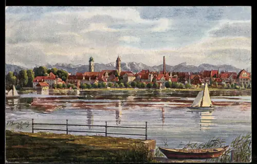 Künstler-AK Partie am Wasser, Segel- und Ruderboot im Wasser