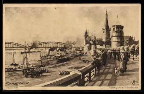 Künstler-AK Charles F.Flower: Düsseldorf, Rheinufer und Rheinbrücke