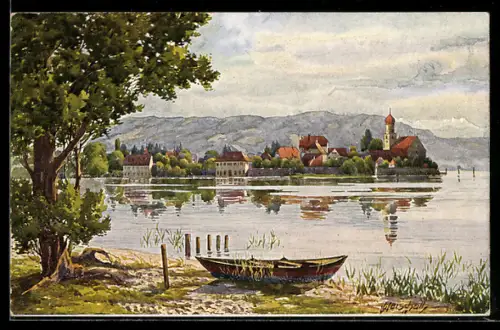 Künstler-AK V.Marschall: Wasserburg, Uferpartie mit Blick zur Insel