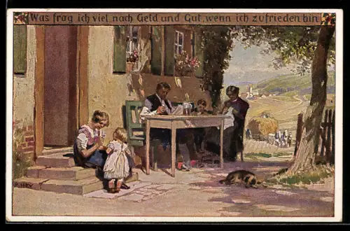 Künstler-AK Paul Hey: Was frag ich viel nach Geld und Gut, Familie im Garten, Verein für das Deutschtum im Ausland