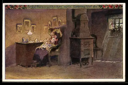 Künstler-AK P. Hey, Volksliederkarte Nr. 50: Schlaf, Herzenssöhnchen, Mutter mit Kind in der guten Stube
