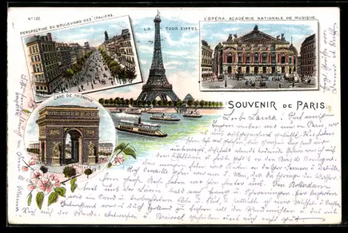 Lithographie Paris, La Tour Eiffel, Eiffelturm, L`Opera, Académie Nationale de Musique