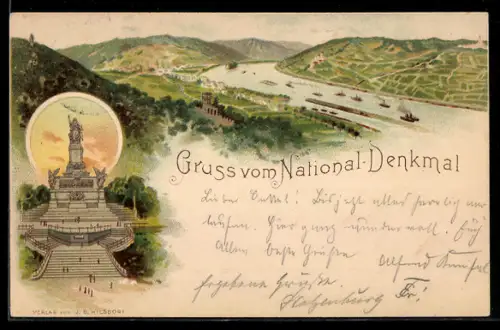 Lithographie National-Denkmal am Niederwald, Rheinpanorama
