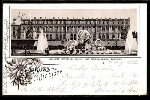 Lithographie Chiemsee, Schloss Herrenchiemsee mit Springenden Brunnen